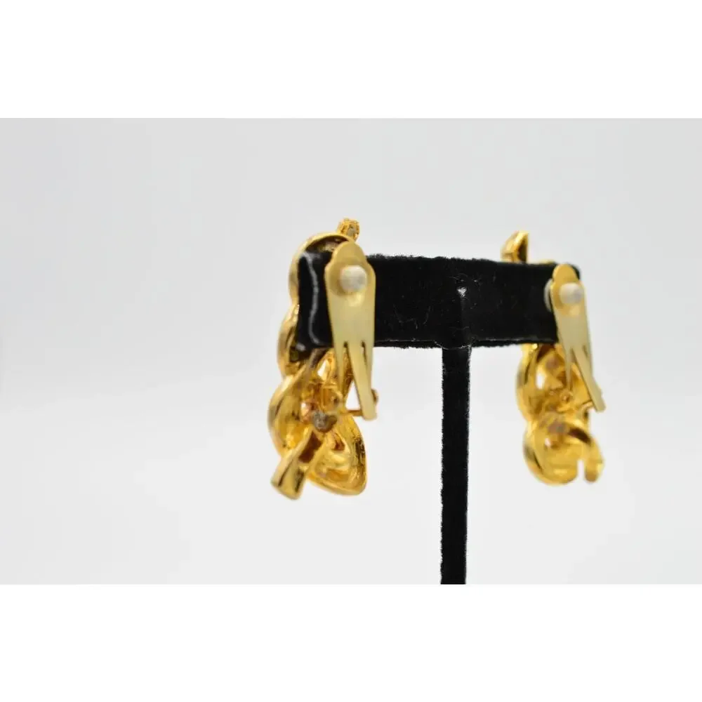 Vintage Crystal Clip On Earrings Chunky Braid Drop Gold Rhinestone NOS 1980s 9L